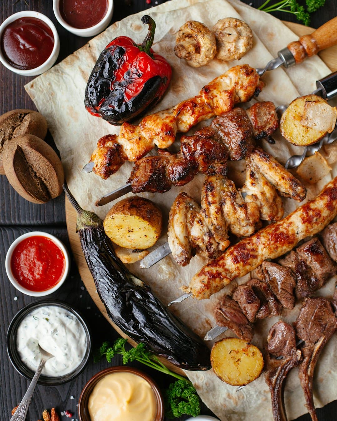 Grilled meat and vegetables